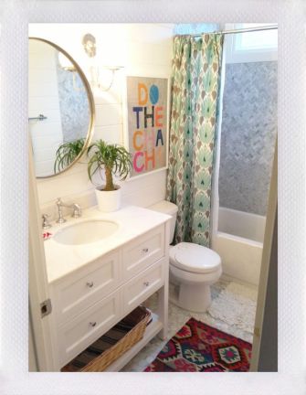 These might be the shower tiles of my dreams. They are a perfect backdrop to personal, eclectic extras, with patterns and lots of light. Found on amberinteriordesign.com