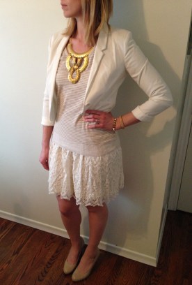 For a day that feels bright, crisp white; a cropped blazer, bold jewelery, sweater with thin gold stripe for subtle texture and a flirty lace skirt. Add nude heels to keep the focus on the multi-tonal white palette. Perfectly sweet.