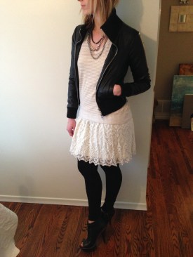 One step further, a leather jacket and platform spike heels add an element of hard-edge to contrast the sweet side of lace. Three looks, for an array of temperatures and times of day. Have fun in your closet!