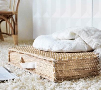 Ikea starts us off with a woven floor mat, which (at $29) is a steal even for a season, but hopefully with a mind to sustainability, this can be an indoor/outdoor piece that is simple and versatile. 