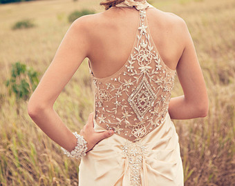 Gorgeous detailing and intricate back: a little exotic, a little art-deco.  Inspired Wedding dress reception dress flapper alternative backless dress. $749.87