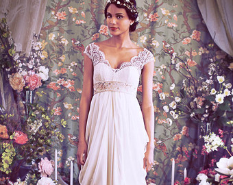 Sweet Gatsby detailing and flattering cut. French Lace Cap Sleeve Empire Waist Sweetheart Neckline Wedding gown,Illusion Neckline, Layered Chiffon Skirt, The "Isabella" Gown by Schone $2,724.09 CAD
