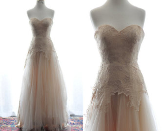 Fall Brittany Wedding Dress Gown-Gorgeous A-line champange sweetheart floor length $2,754.13 CAD TingBridal. I absolutely love the colour and vintage feel of this dress. The soft hem and peplum, with the sweetheart neck seemed in keeping with our vintage theme. 
