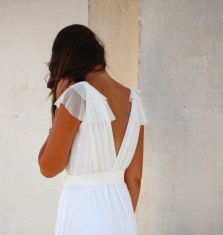 Romantic wedding dress with a floral belt and fluttery sleeve.  $413.12 CAD Barzelai