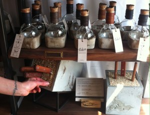 Studio 50 knife blocks, and small round-bottomed science beakers that can be used to serve hot or cold liquids. 