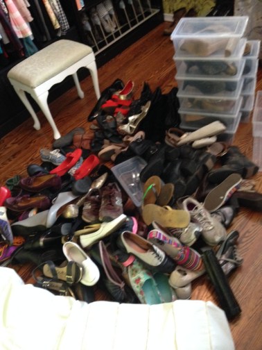Put ALL the shoes in a pile. All items of the same type. Get them from ANYWHERE they might be hiding and put them together so you can pick them up, one at a time, for the Konmari Test.