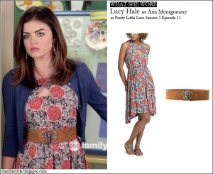 lucy hale as aria montgomery in anthropologie flower print dress with brown belt on pretty little liars season 3 episode 11
